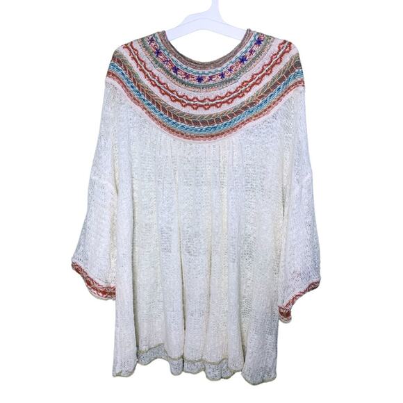 Free People Ivory Colorful Trim Poncho Ruana Sweater Small Boho Oversized Cream - Picture 1 of 13